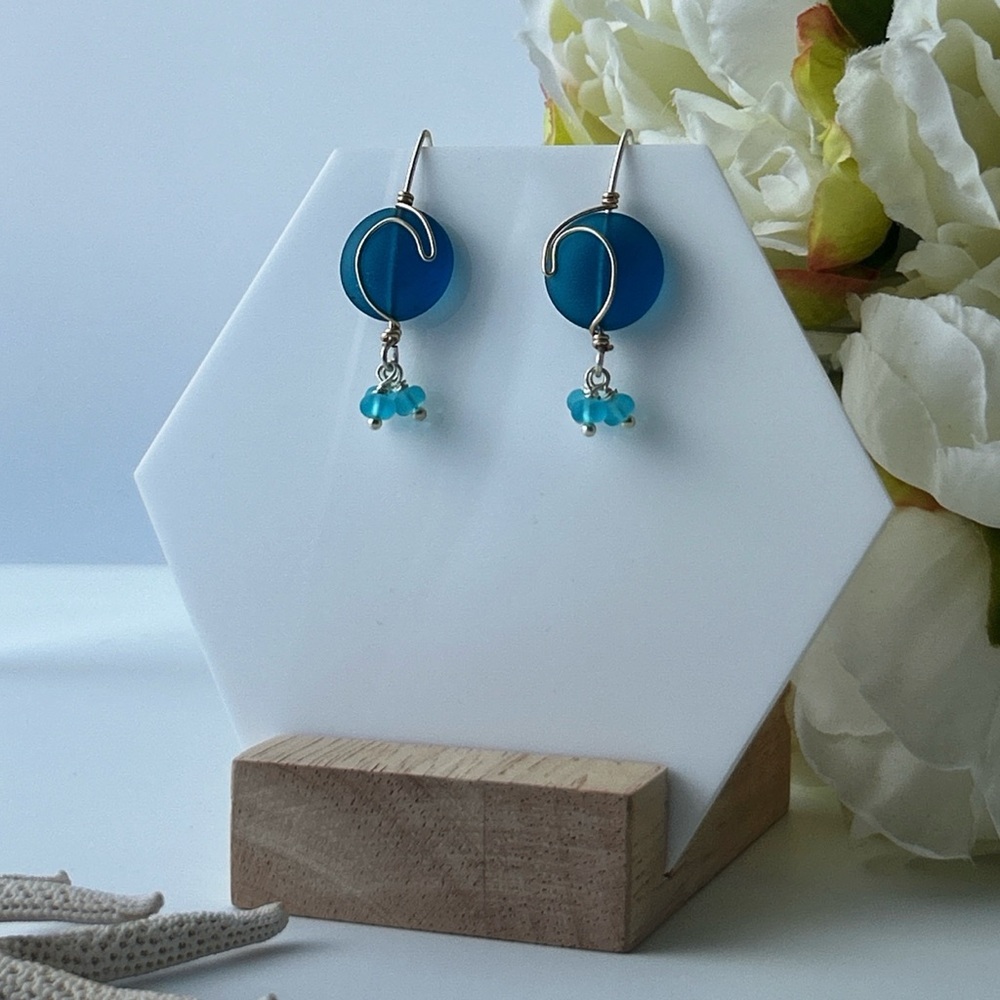 Island Wave on Full Moon Deep Blue Sea glass Wirework Ocean Earrings